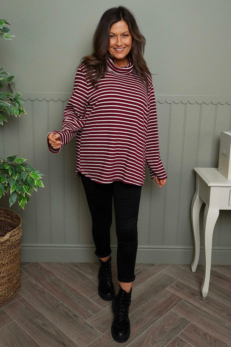 Dortha Stripe Cowl Knit Top Wine