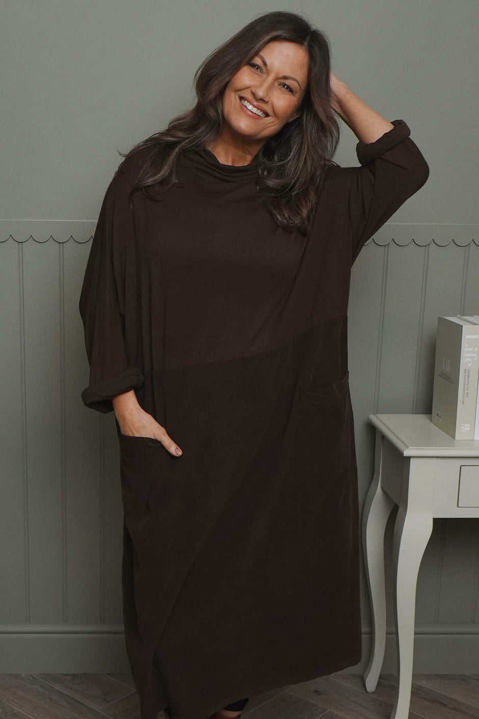 Libby Cowl Neck Cotton Dress Cocoa