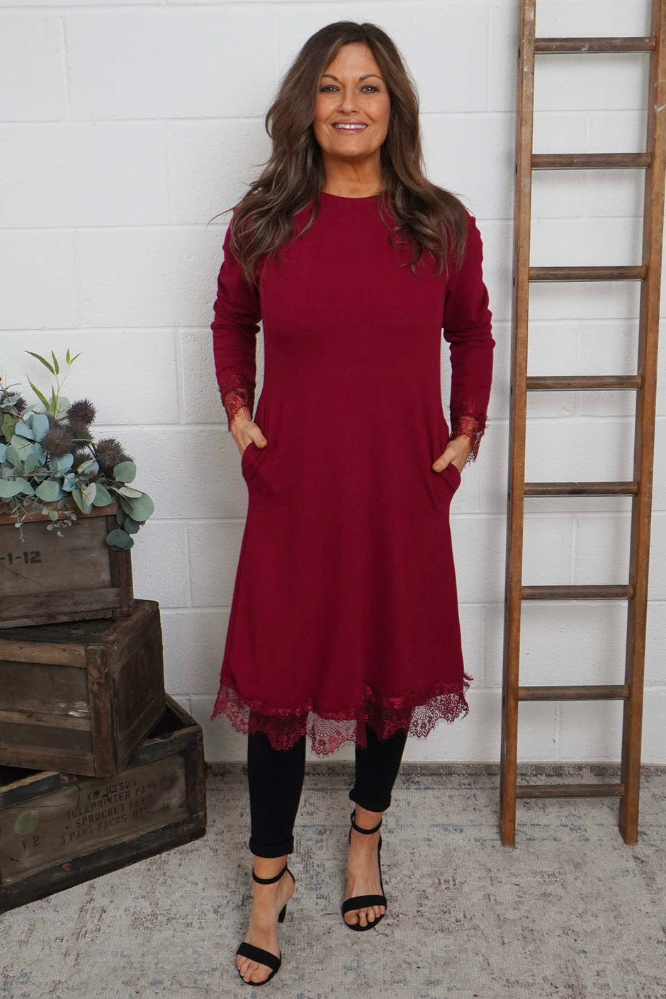 Merinda Lace Detail Dress Wine