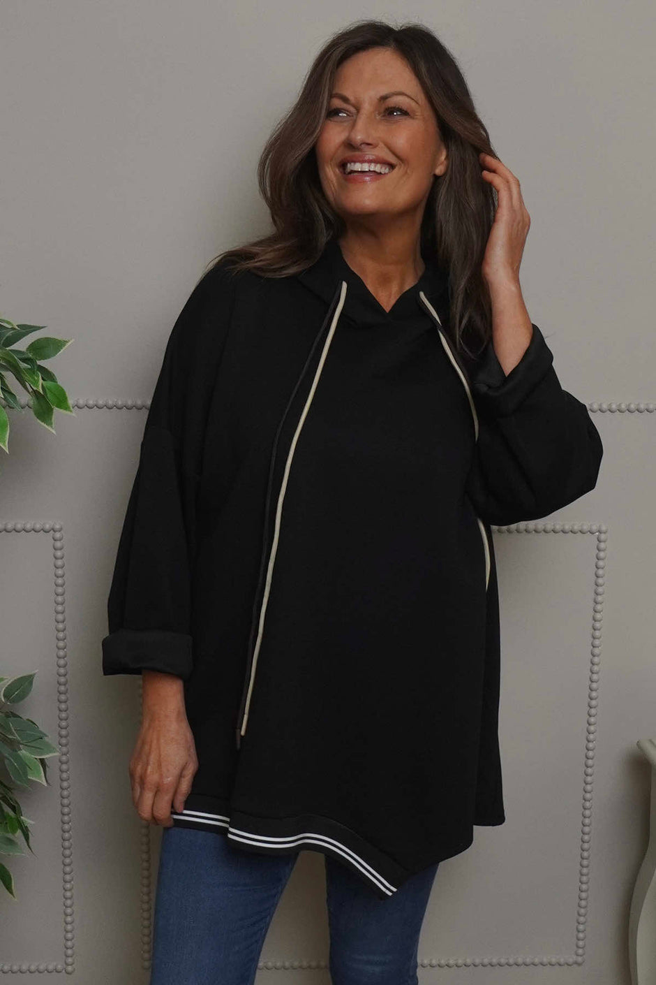 Anya Asymmetric Hooded Top Black