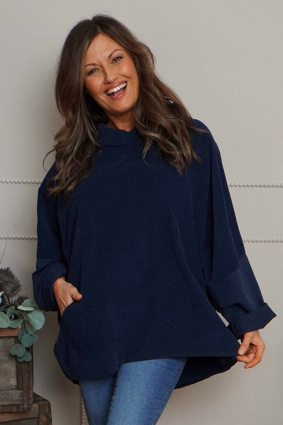 Rhianna Cowl Needlecord Top Navy