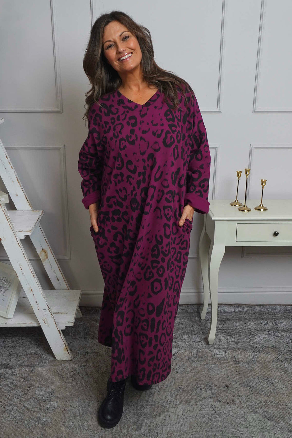 Darya Leopard Cotton Dress Magenta