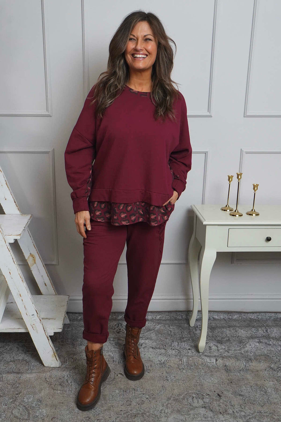 Nicky Leopard Print Cotton Top Burgundy