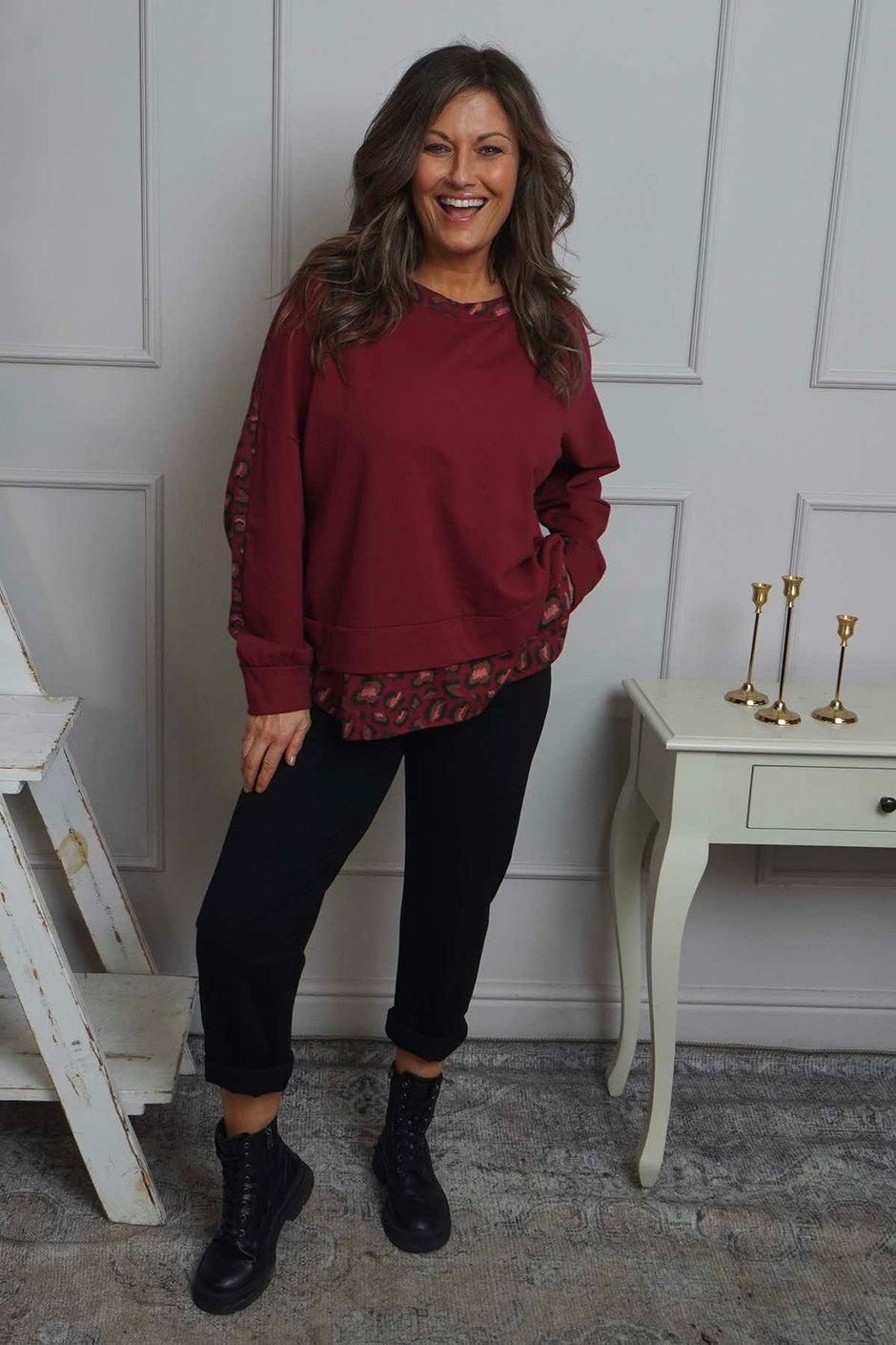 Nicky Leopard Print Cotton Top Wine