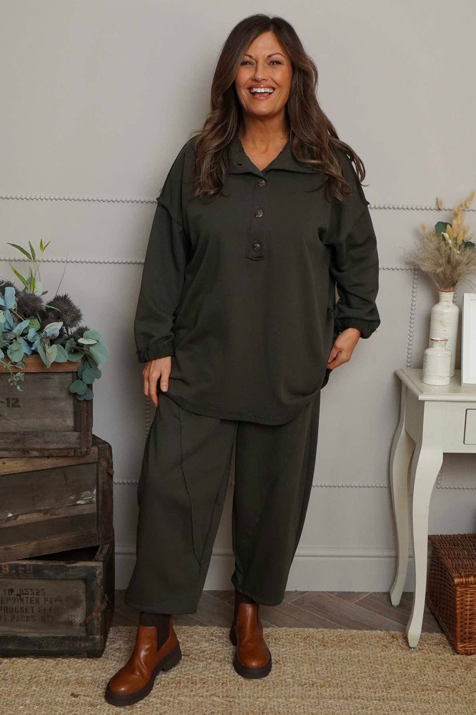 Sybil Button Cotton Sweatshirt Khaki