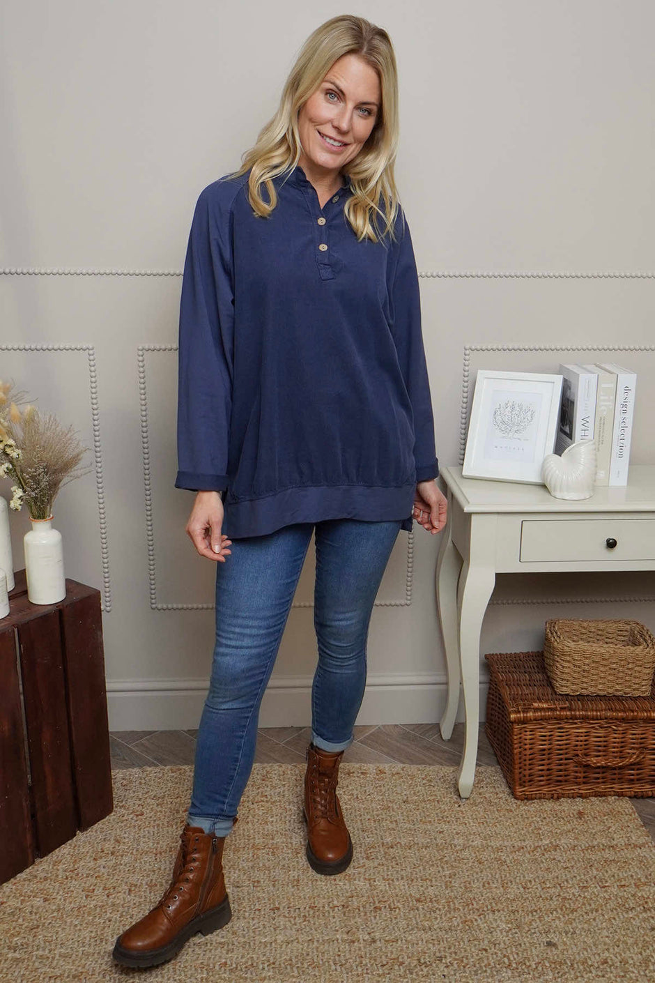 Nyree Button Cotton Top Navy