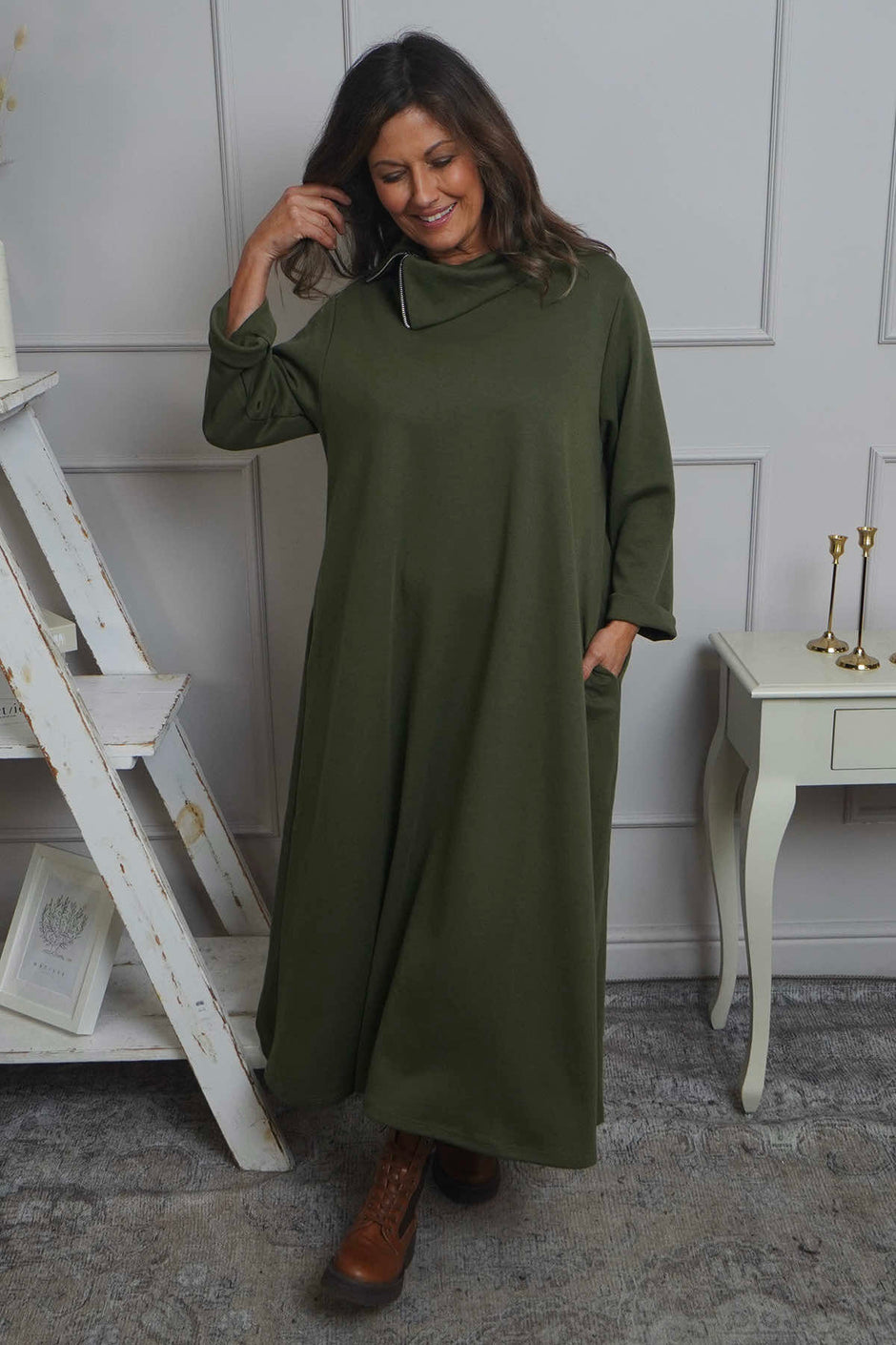 Wanda Zip Polo Cotton Dress Khaki