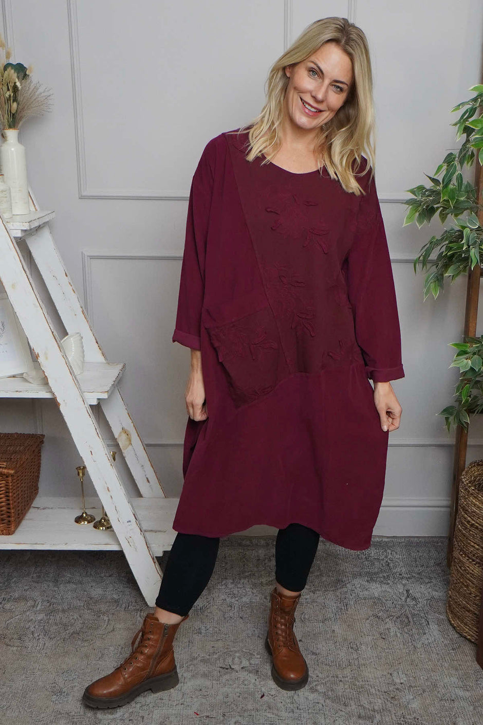 Laurie Needlecord Dress Burgundy