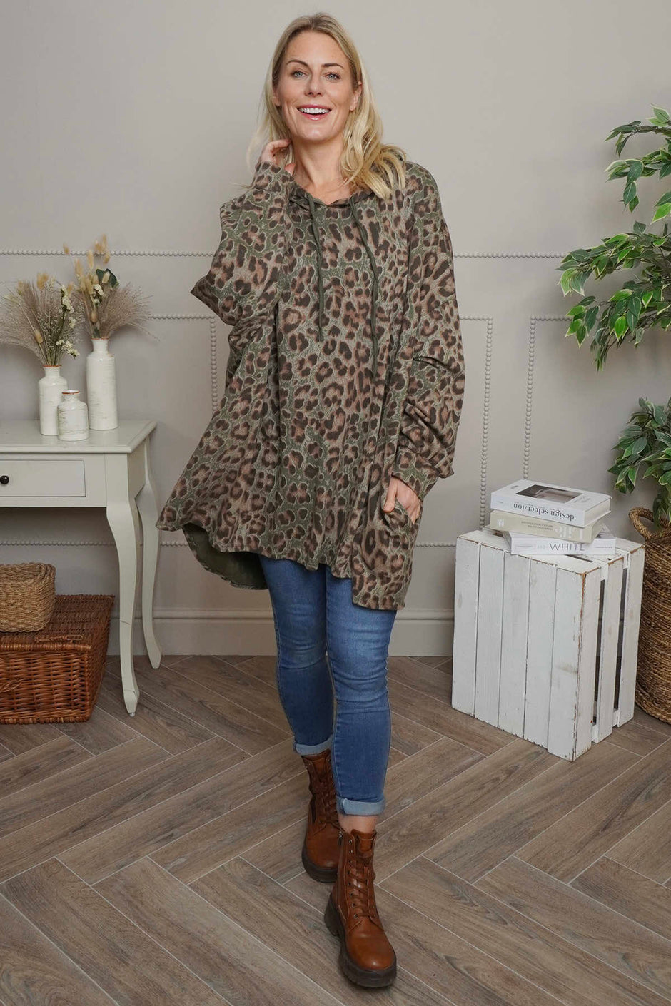 Shayla Leopard Hooded Cotton Top Khaki