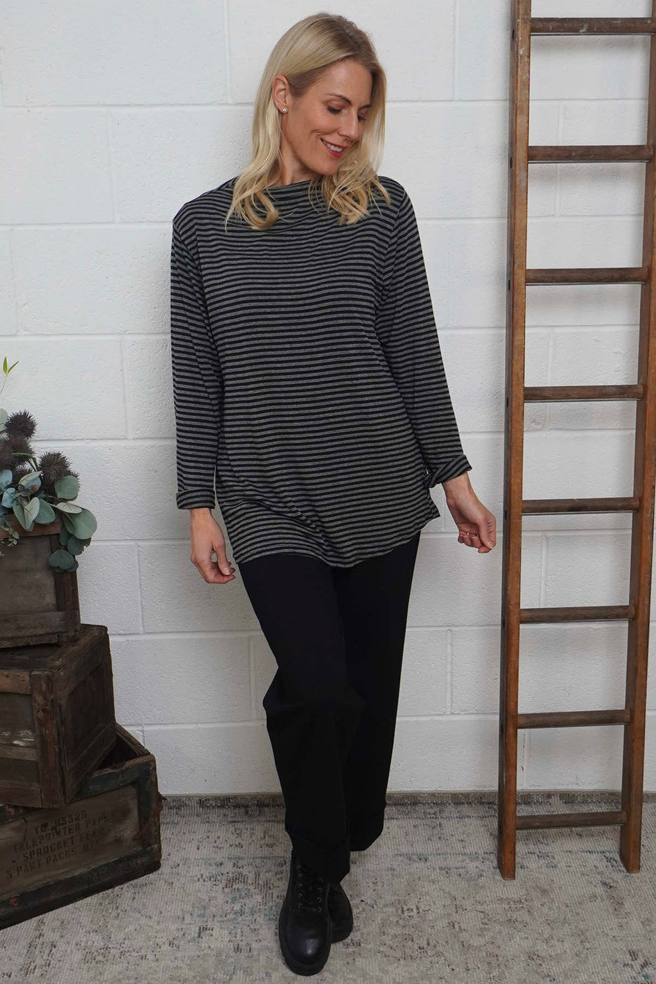 Lyssa Cowl Neck Stripe Top Mid Grey