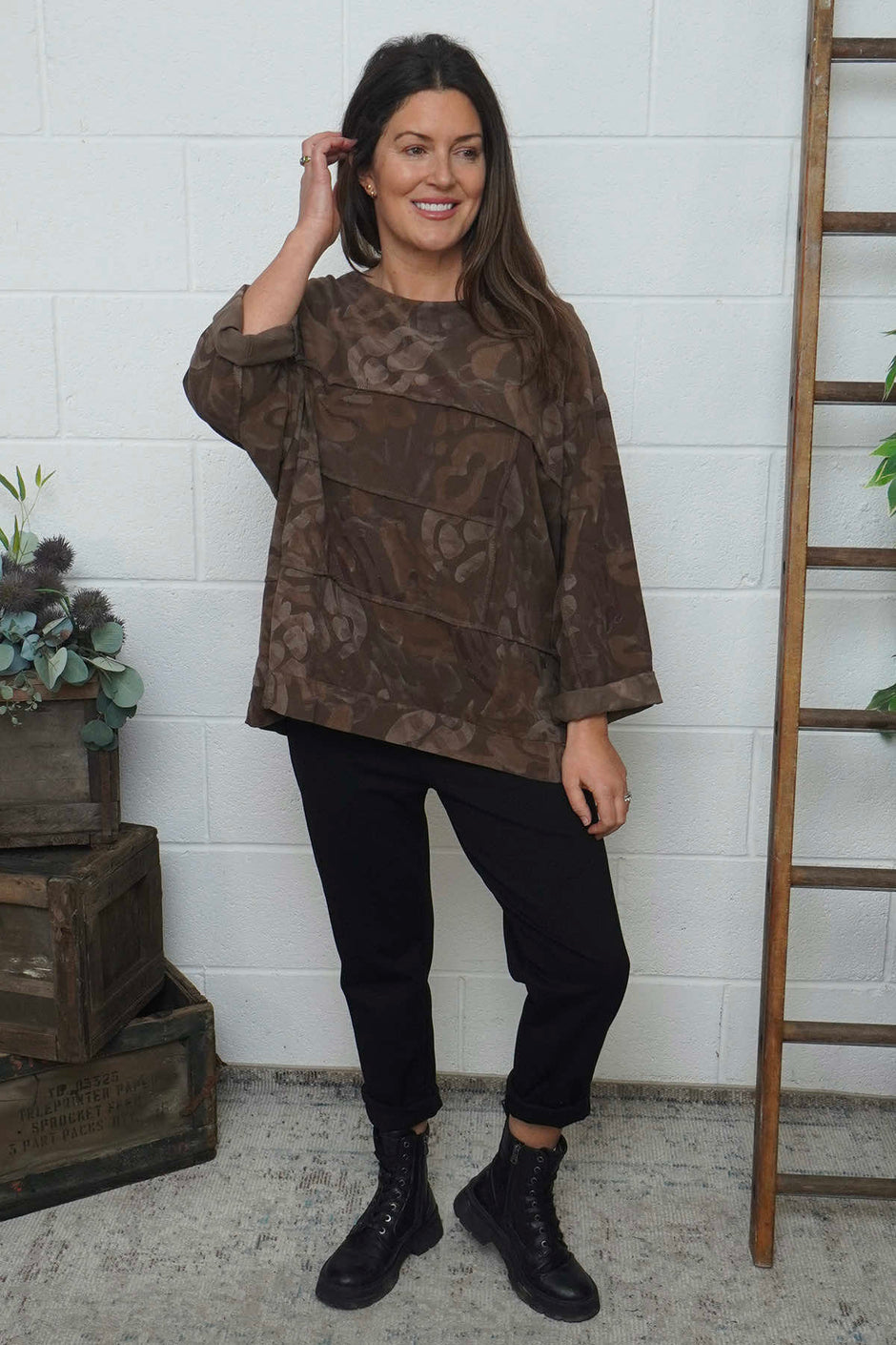 Doreen Print Needlecord Top Nutmeg