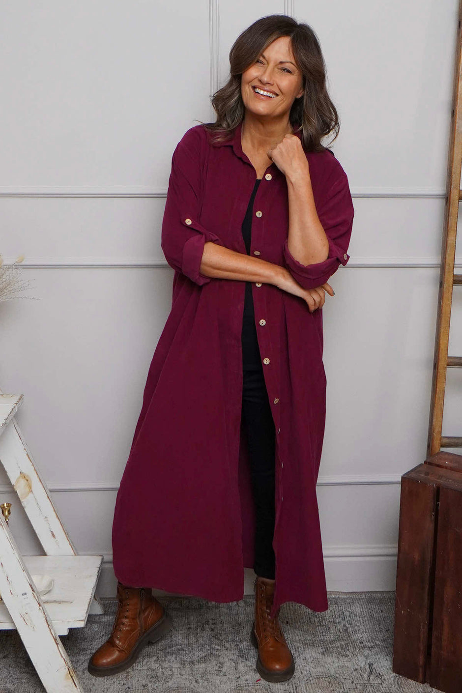 Tisha Needlecord Shirt Dress Wine