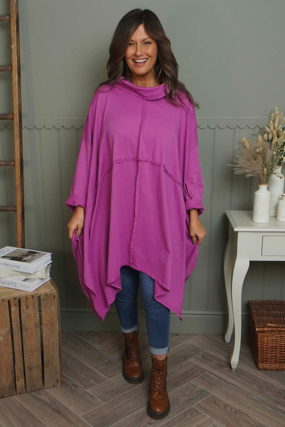 Posy Cowl Oversized Cotton Top Magenta