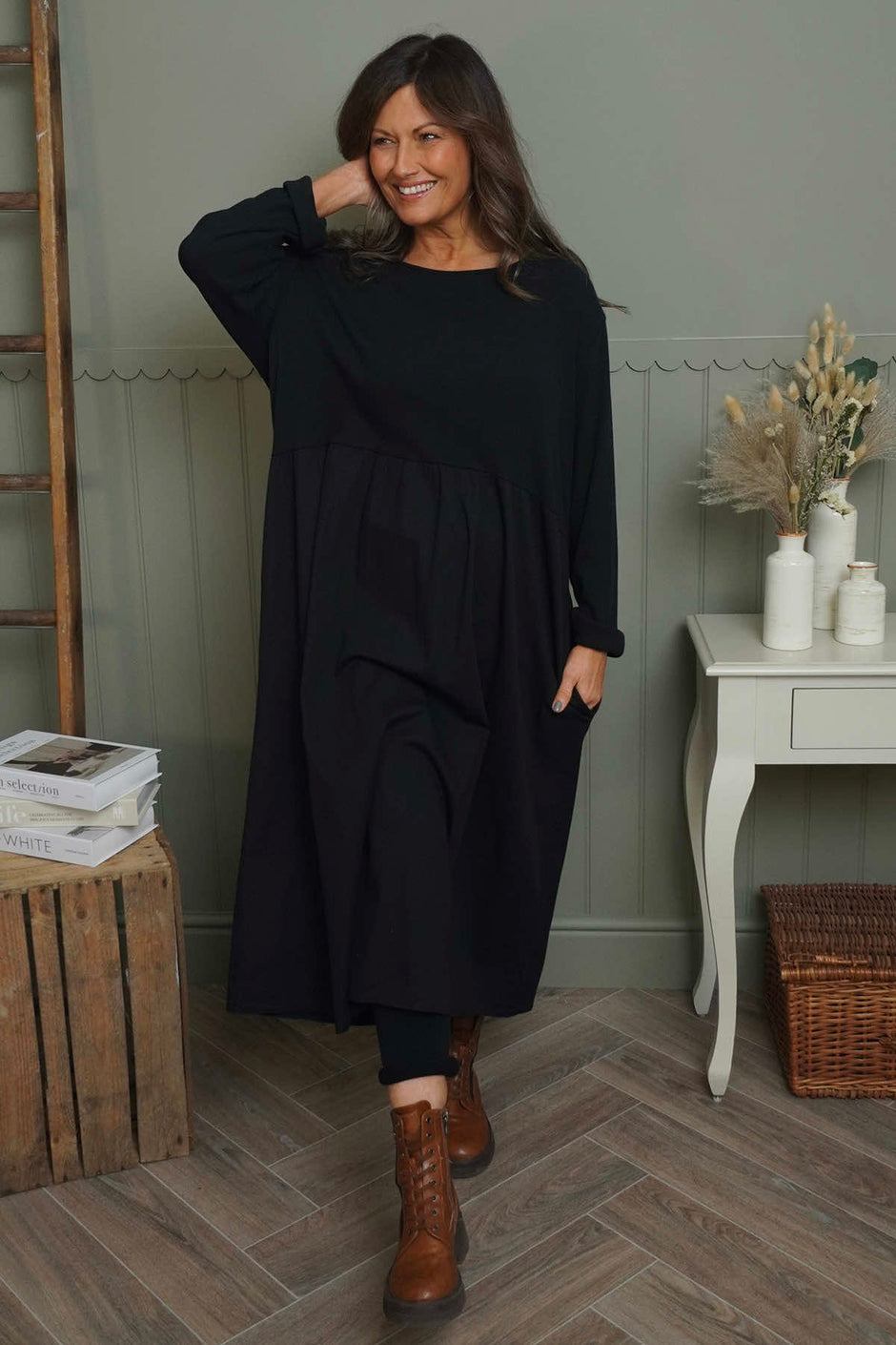 Tina Ribbed Detail Cotton Dress Black