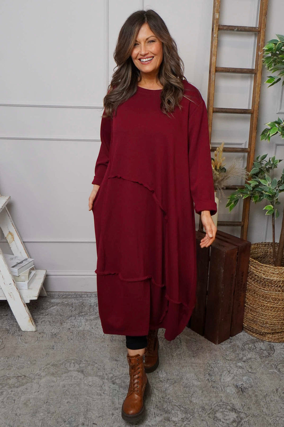 Edie Seam Detail Cotton Dress Wine