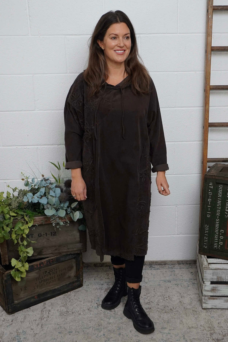 Devyn Hooded Needlecord Dress Cocoa