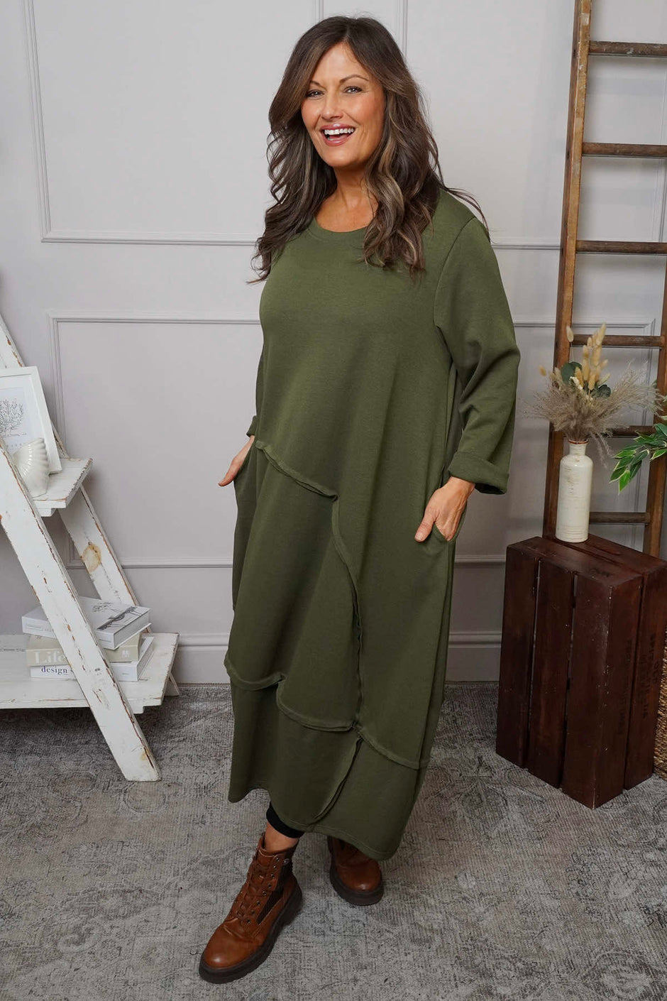 Edie Seam Detail Cotton Dress Khaki