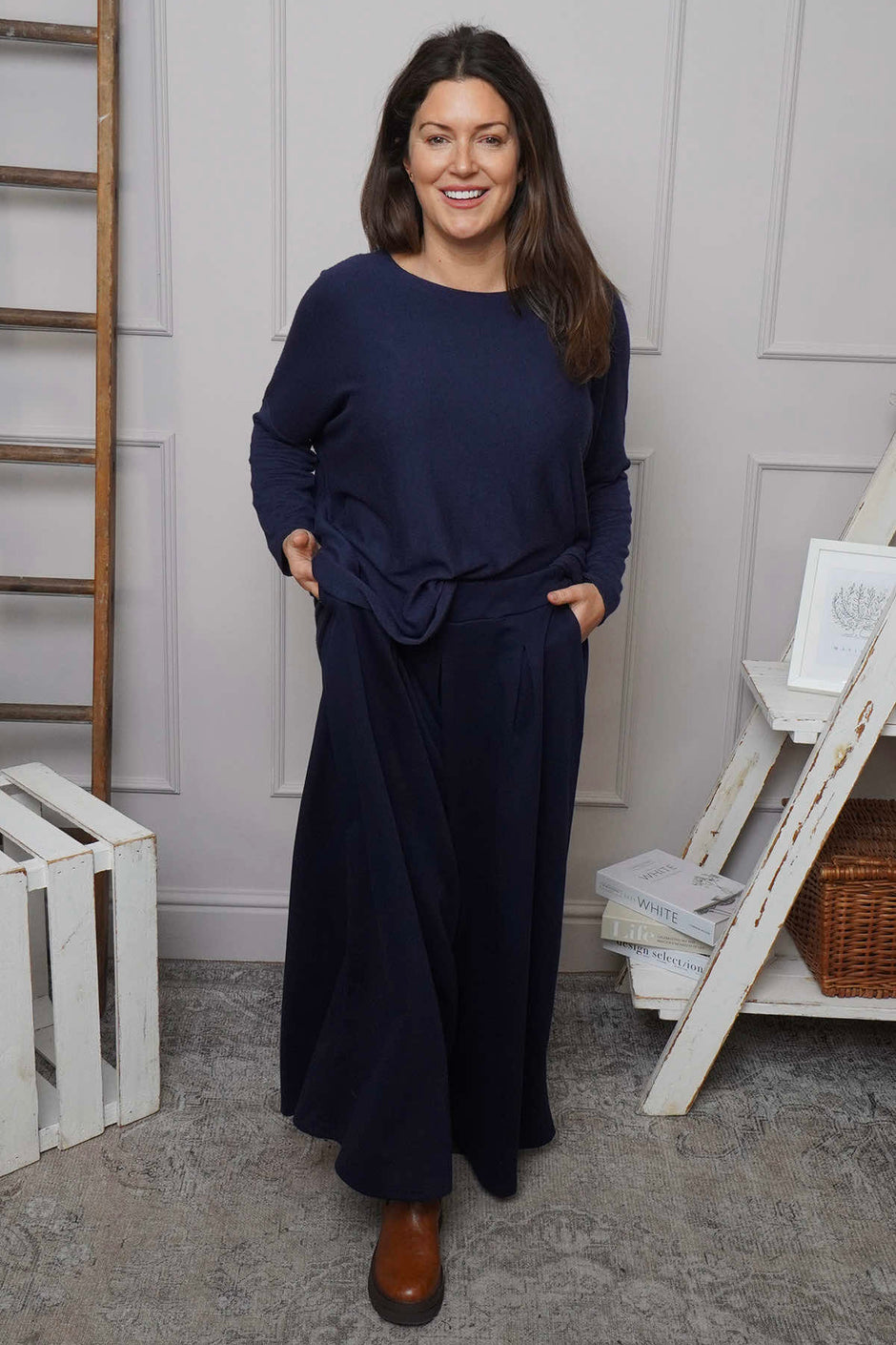 Trish Wide Leg Cotton Trousers Navy