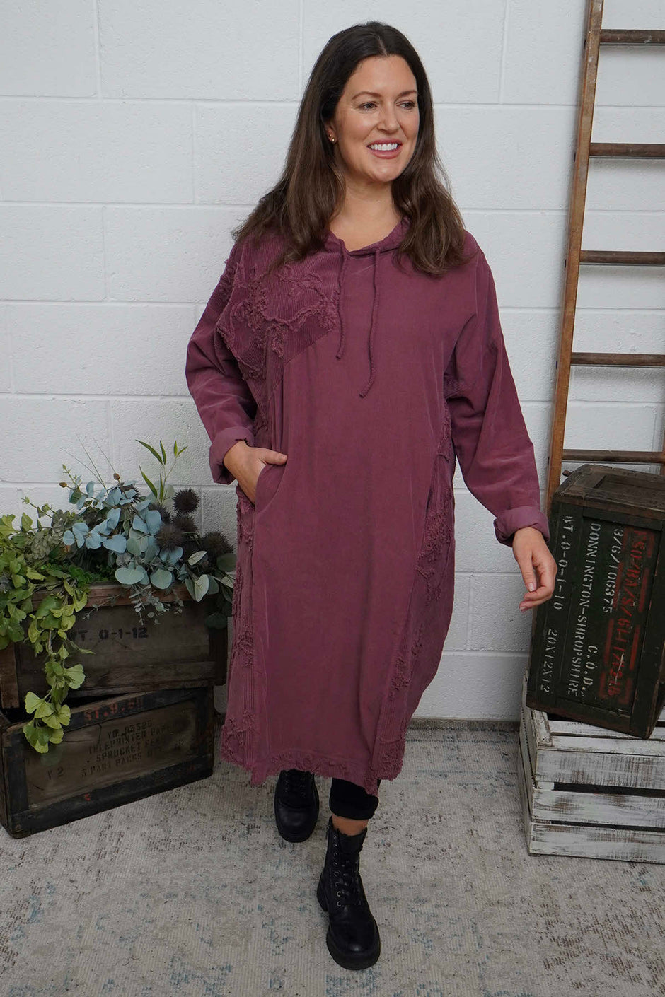 Devyn Hooded Needlecord Dress Plum