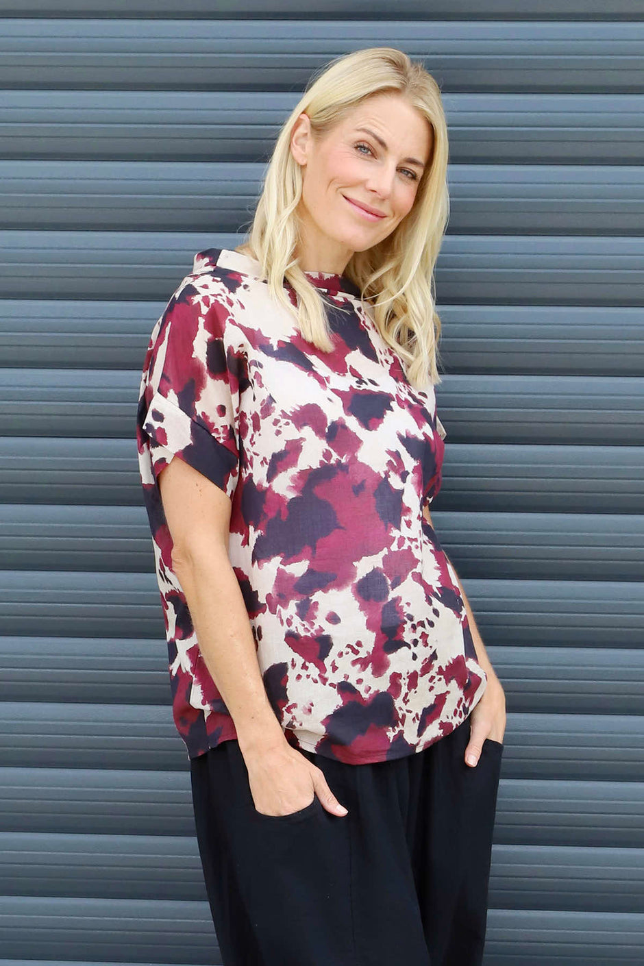 Nancy Print Cowl Neck Top Burgundy