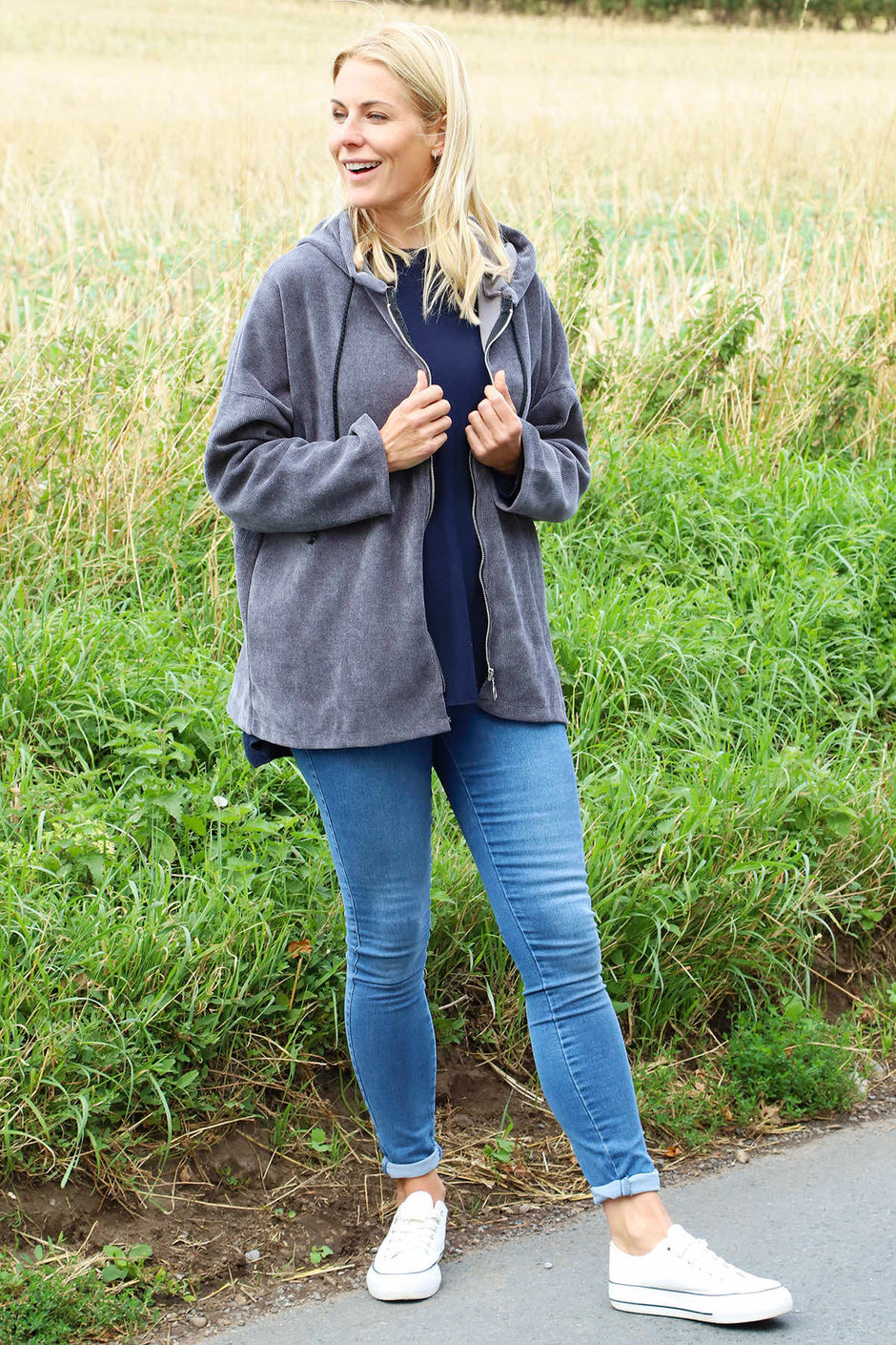 Verys Cord Zip Hooded Jacket Charcoal