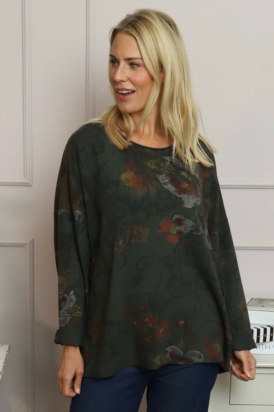 Carola Print Cotton Top Charcoal