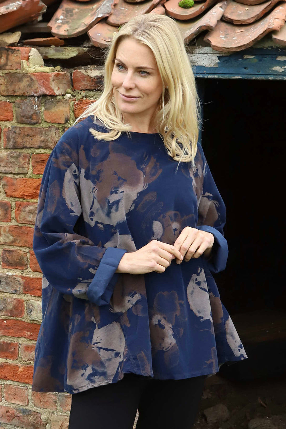 Rachel Print Needlecord Top Navy