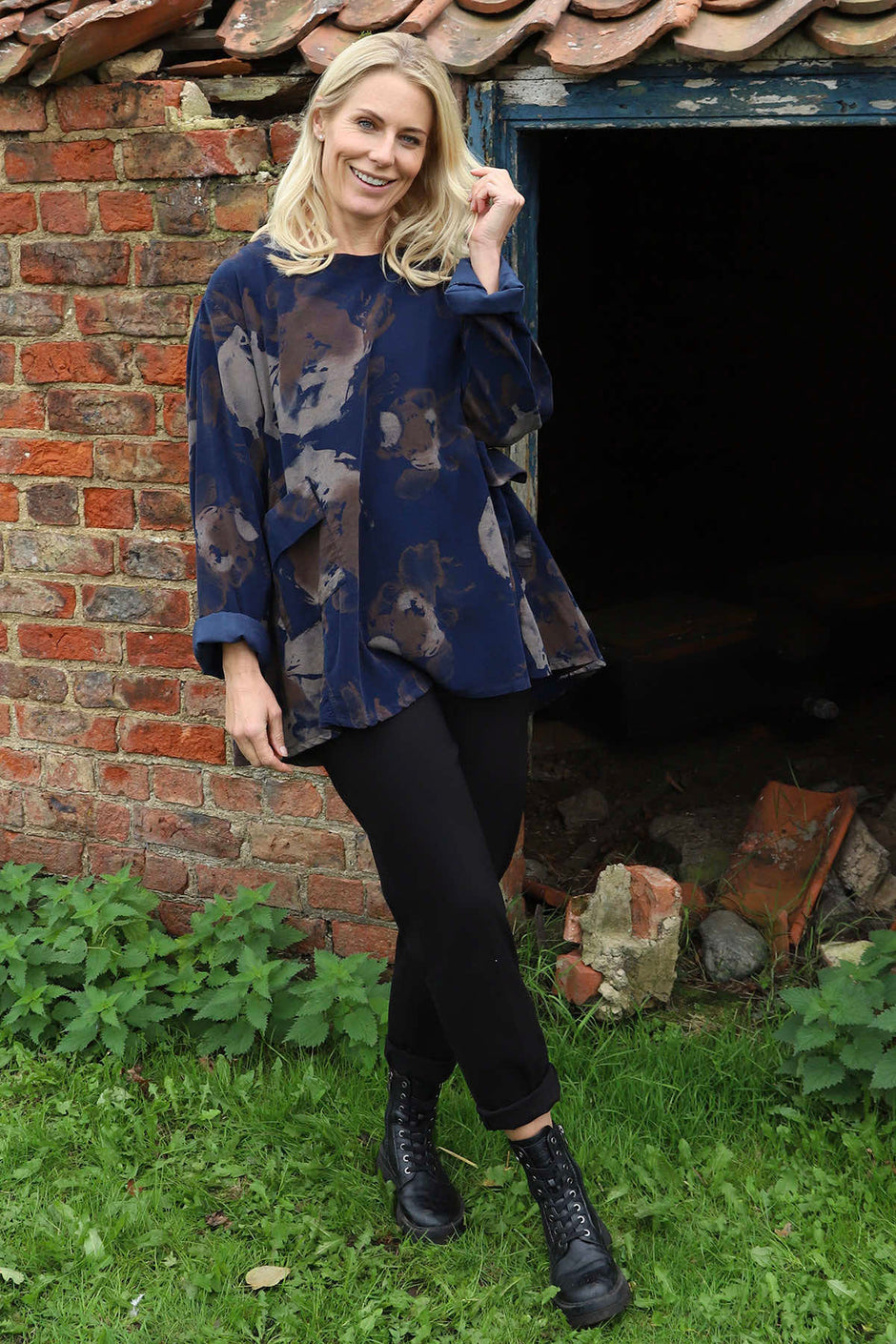 Rachel Print Needlecord Top Navy