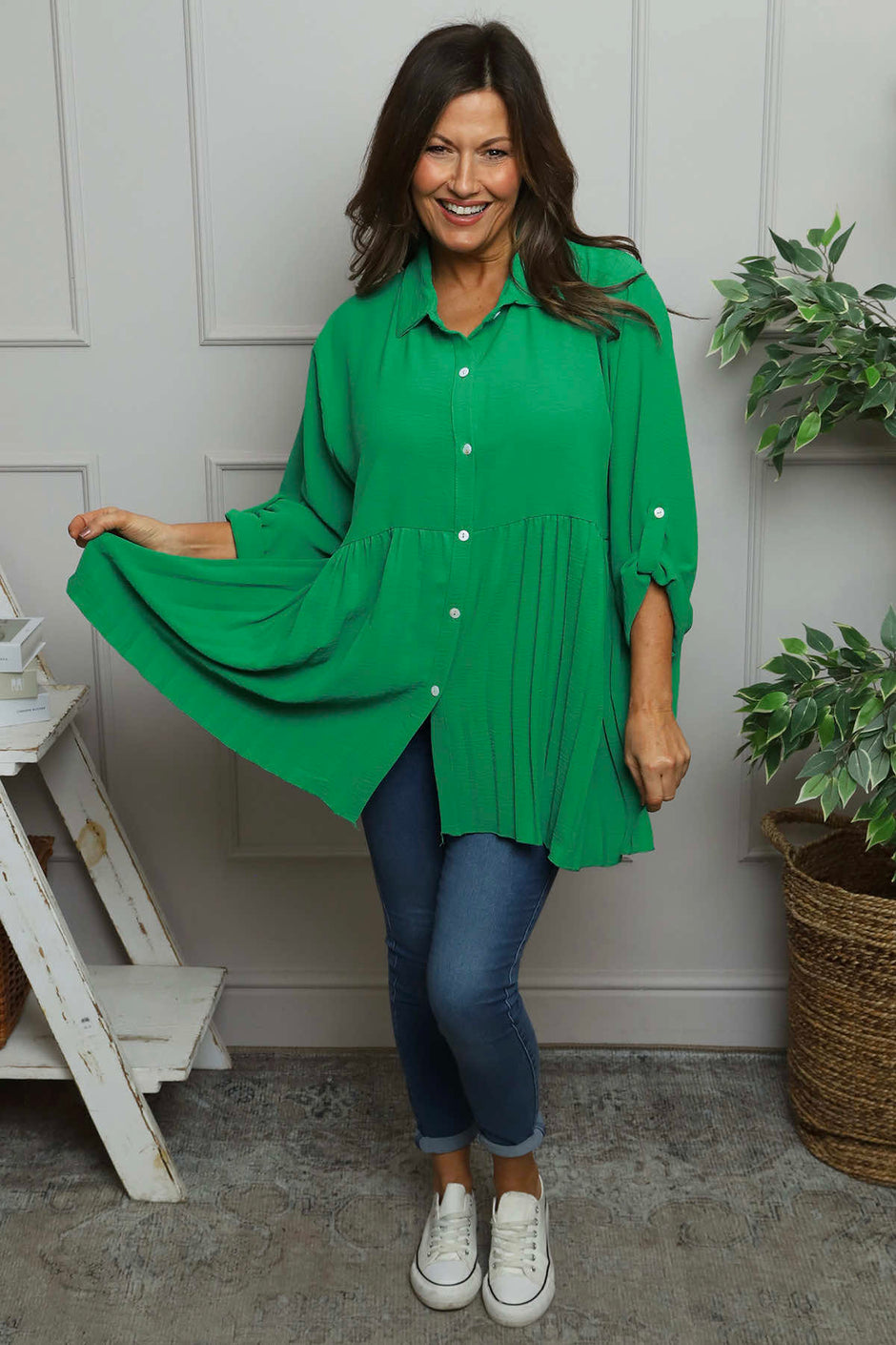 Jennifer Pleated Shirt Emerald