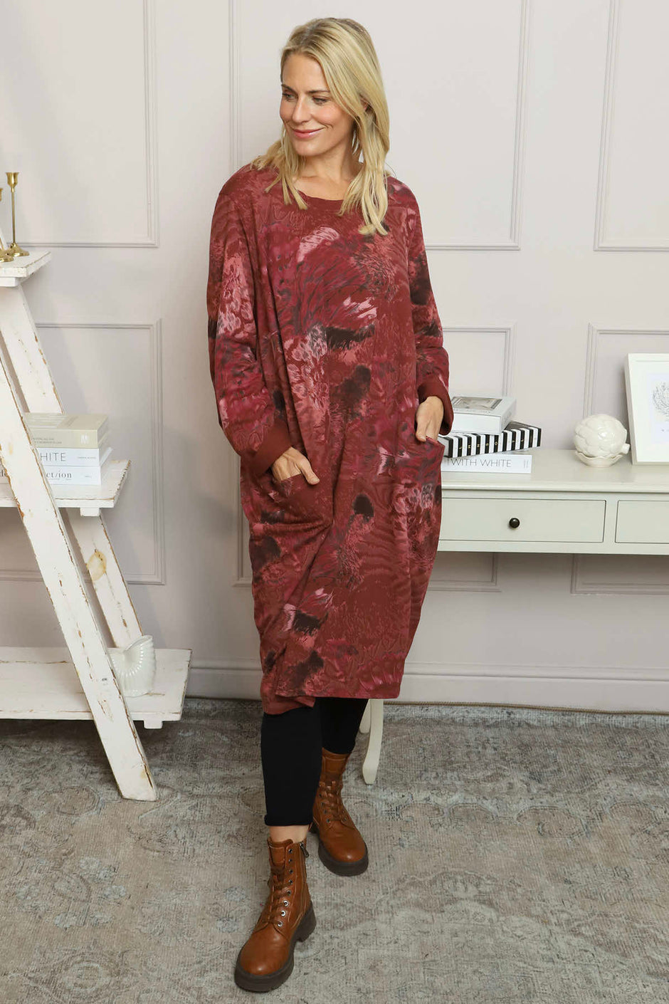 Owena Print Cotton Dress Wine