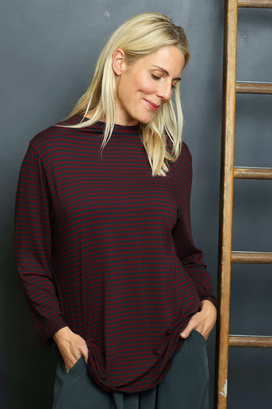 Lyssa Cowl Neck Stripe Top Charcoal