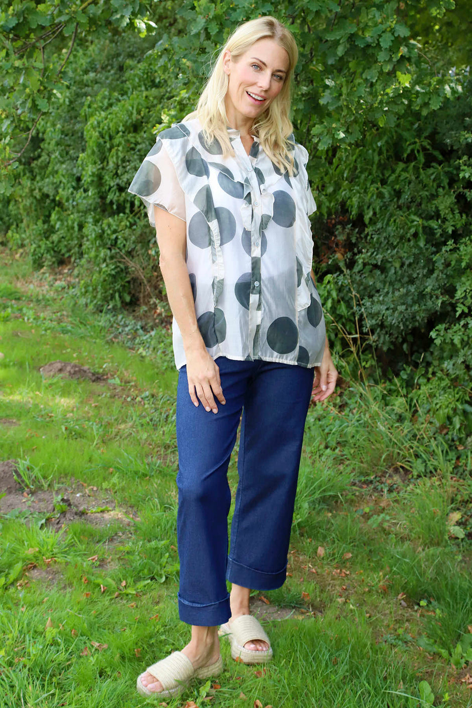 Skye Spot Print Frill Shirt Khaki