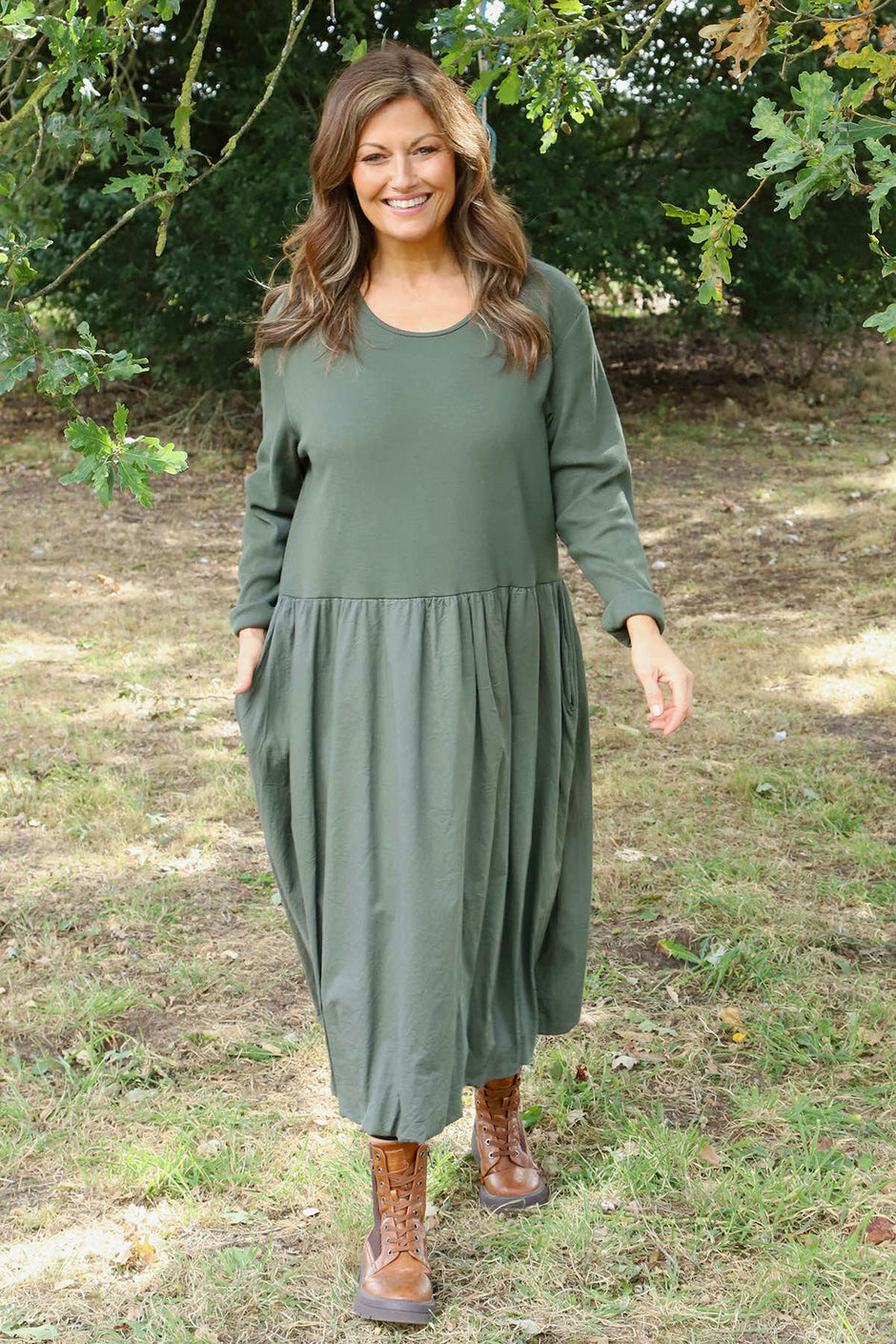 Sandown Long Sleeve Puffball Cotton Dress Khaki