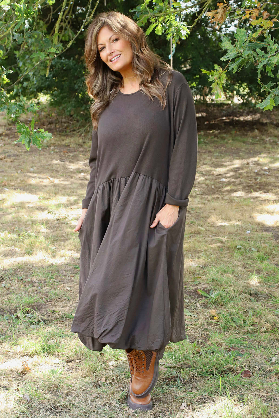 Sandown Long Sleeve Puffball Cotton Dress Cocoa