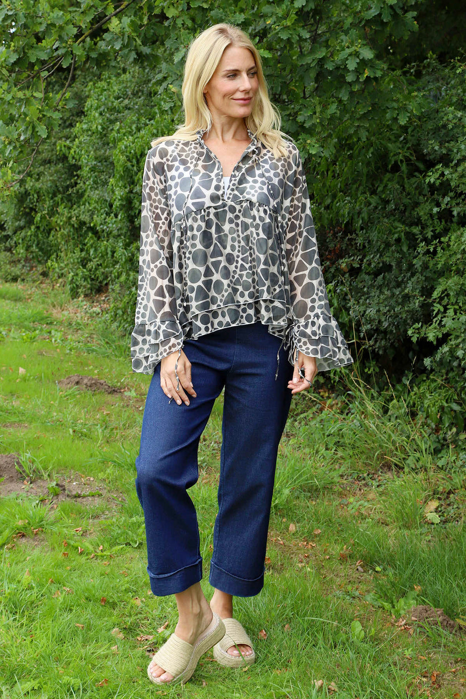 Edith Print Tie Front Top Khaki