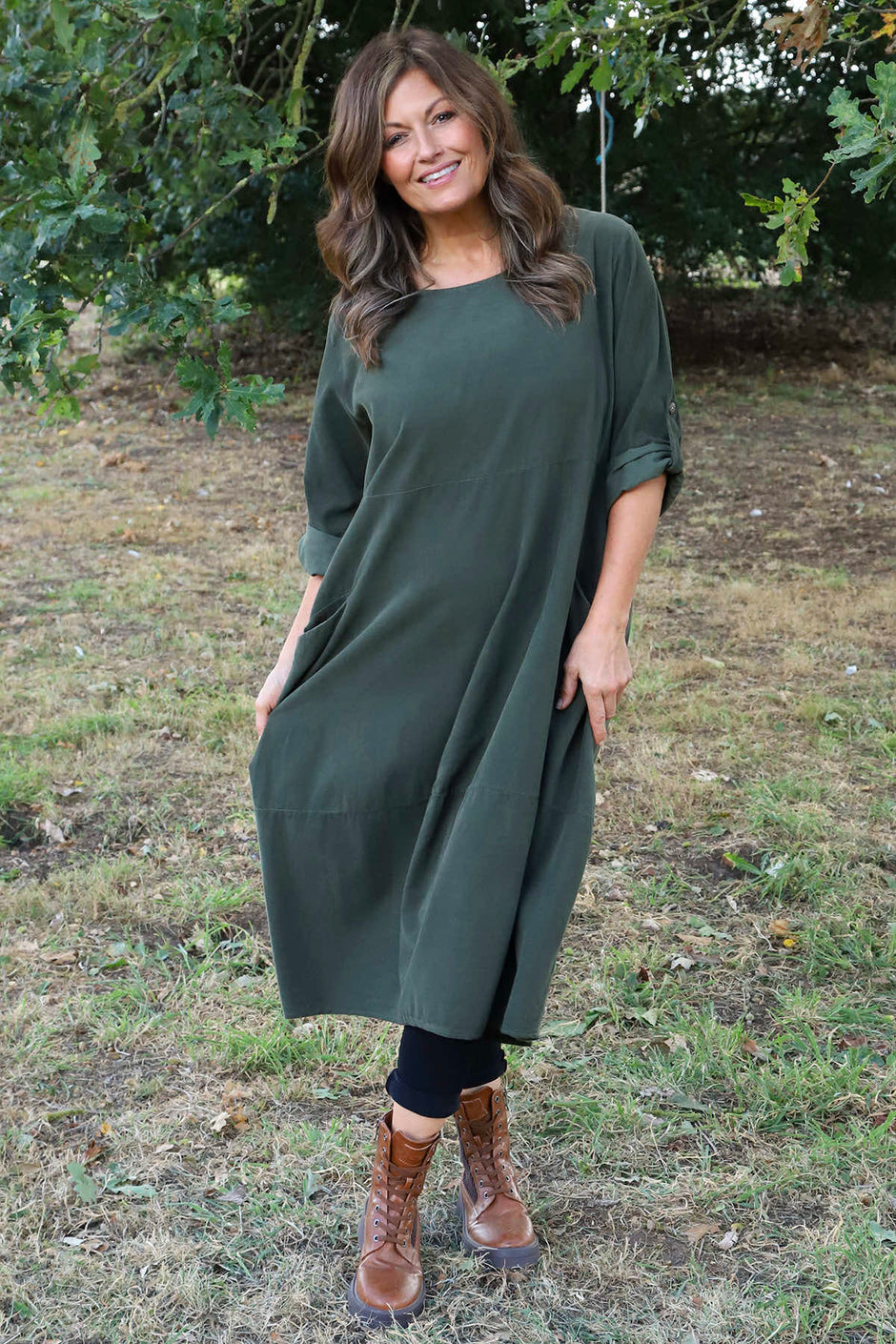 Penelope Pocket Needlecord Dress Khaki