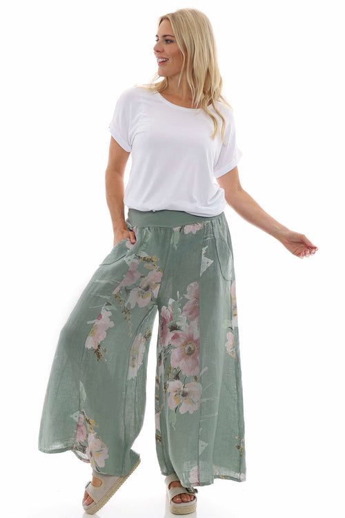 Brietta Floral Linen Trousers Khaki