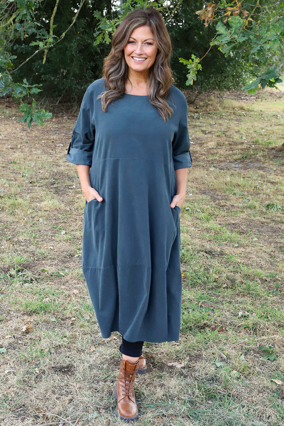 Penelope Pocket Needlecord Dress Charcoal