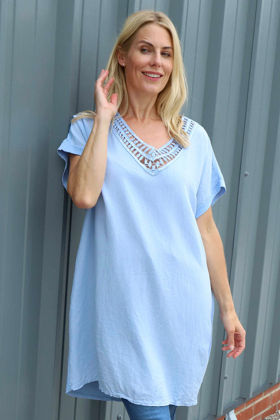 Letitia V-Neck Cotton Tunic Light Blue