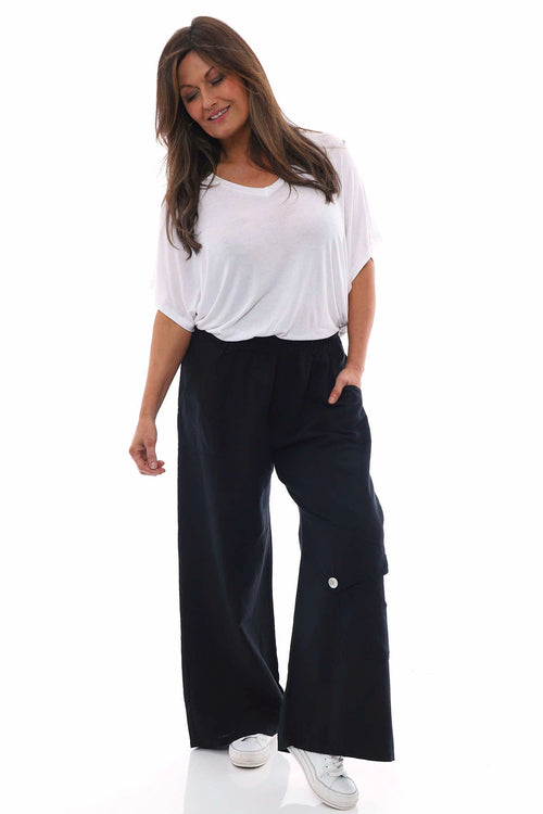 Simena Washed Button Linen Trousers Black - Image 1