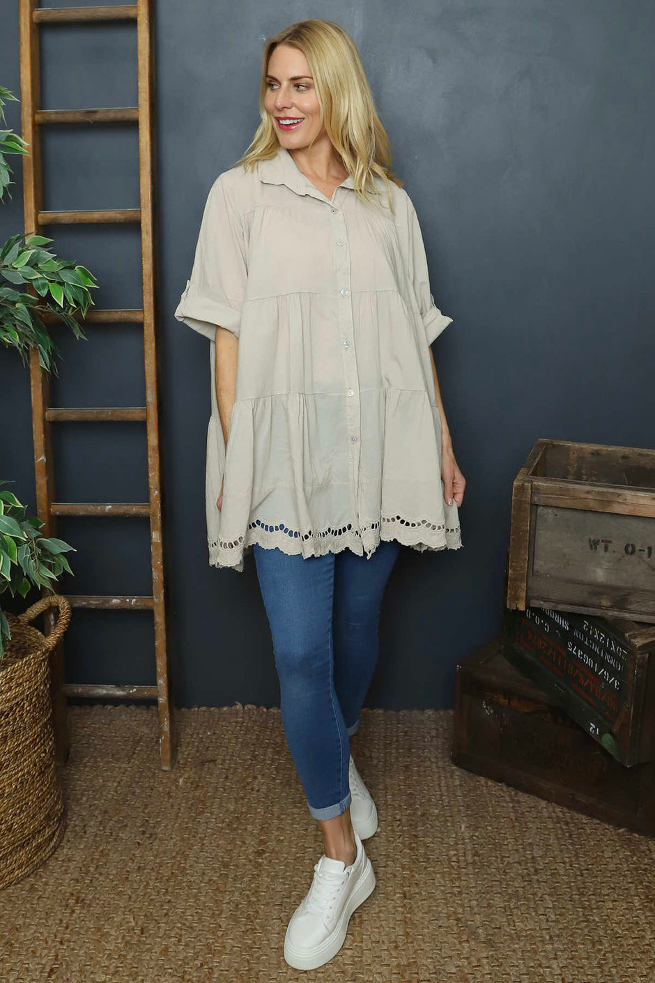 Ermina Tiered Cotton Shirt Stone