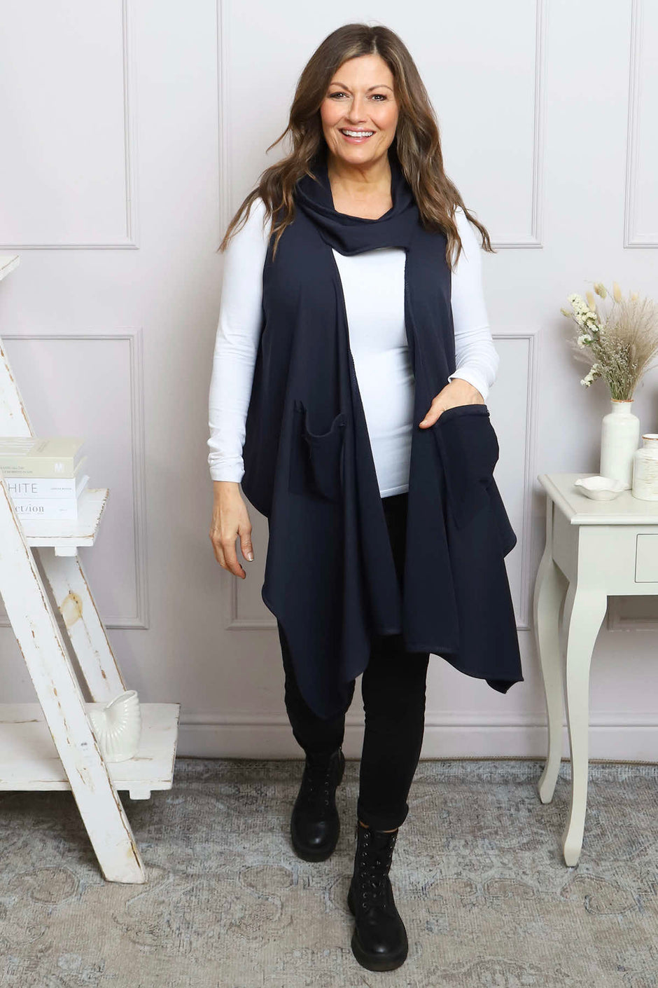 Orpha Cowl Neck Cotton Waistcoat Navy