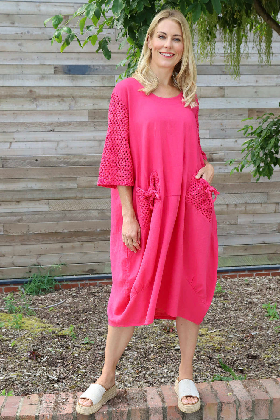 Cadie Crochet Detail Linen Dress Hot Pink