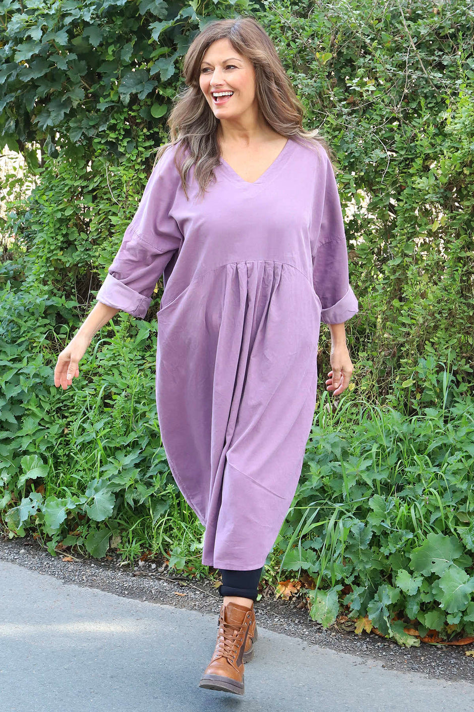 Dinah V-Neck Needlecord Dress Purple