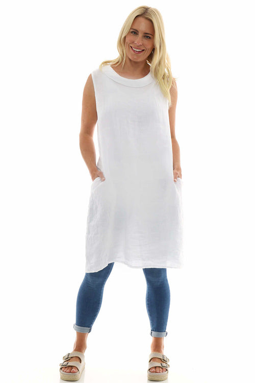 Hailey Sleeveless Cowl Neck Linen Dress White