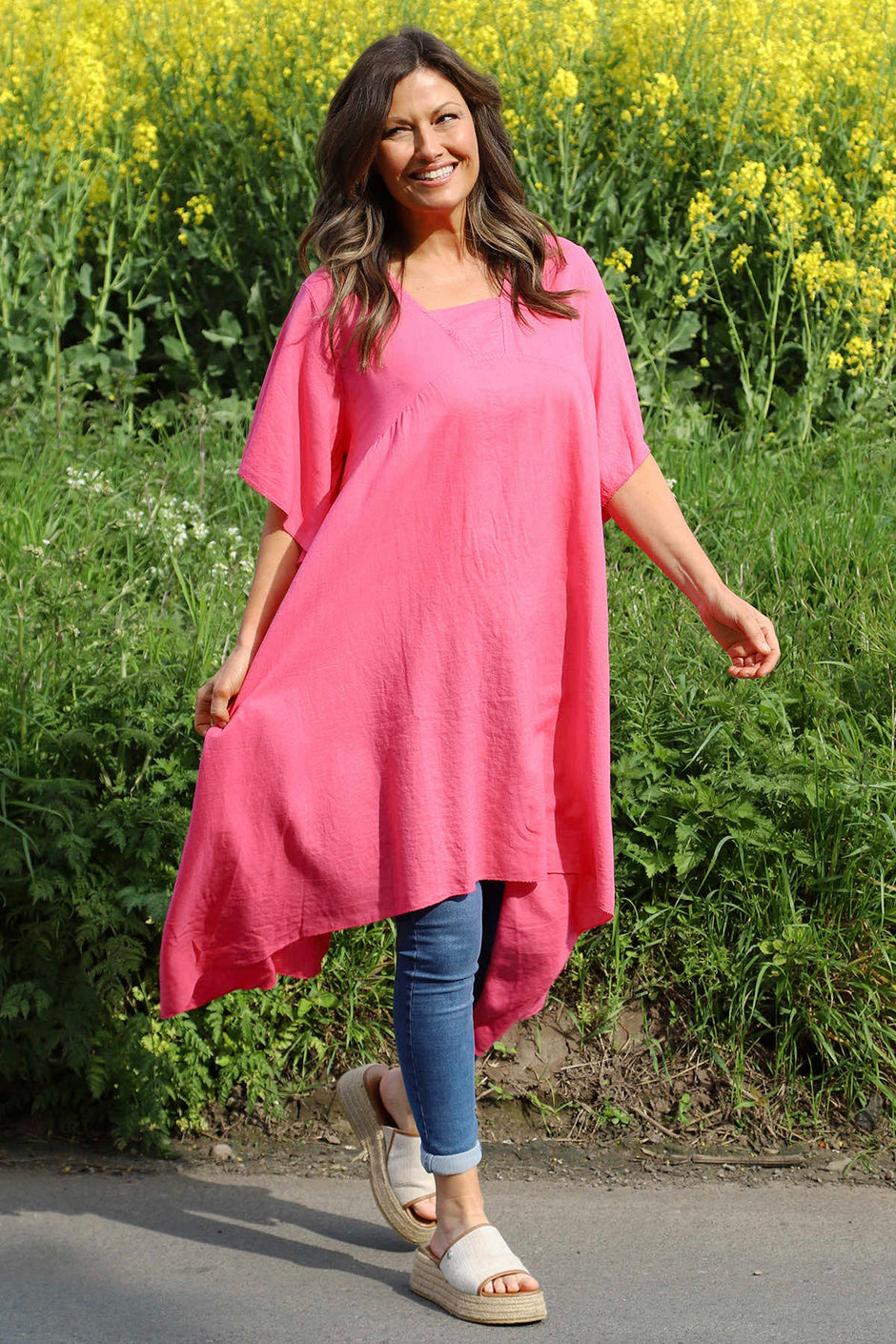 Anya Dip Side Linen Tunic Fuchsia