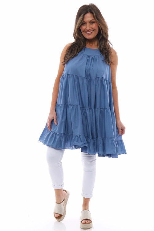 Araminta Tiered Sleeveless Cotton Dress Denim Blue - Image 3