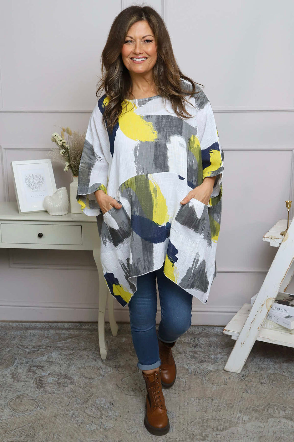 Angela Print Pocket Cotton Top White