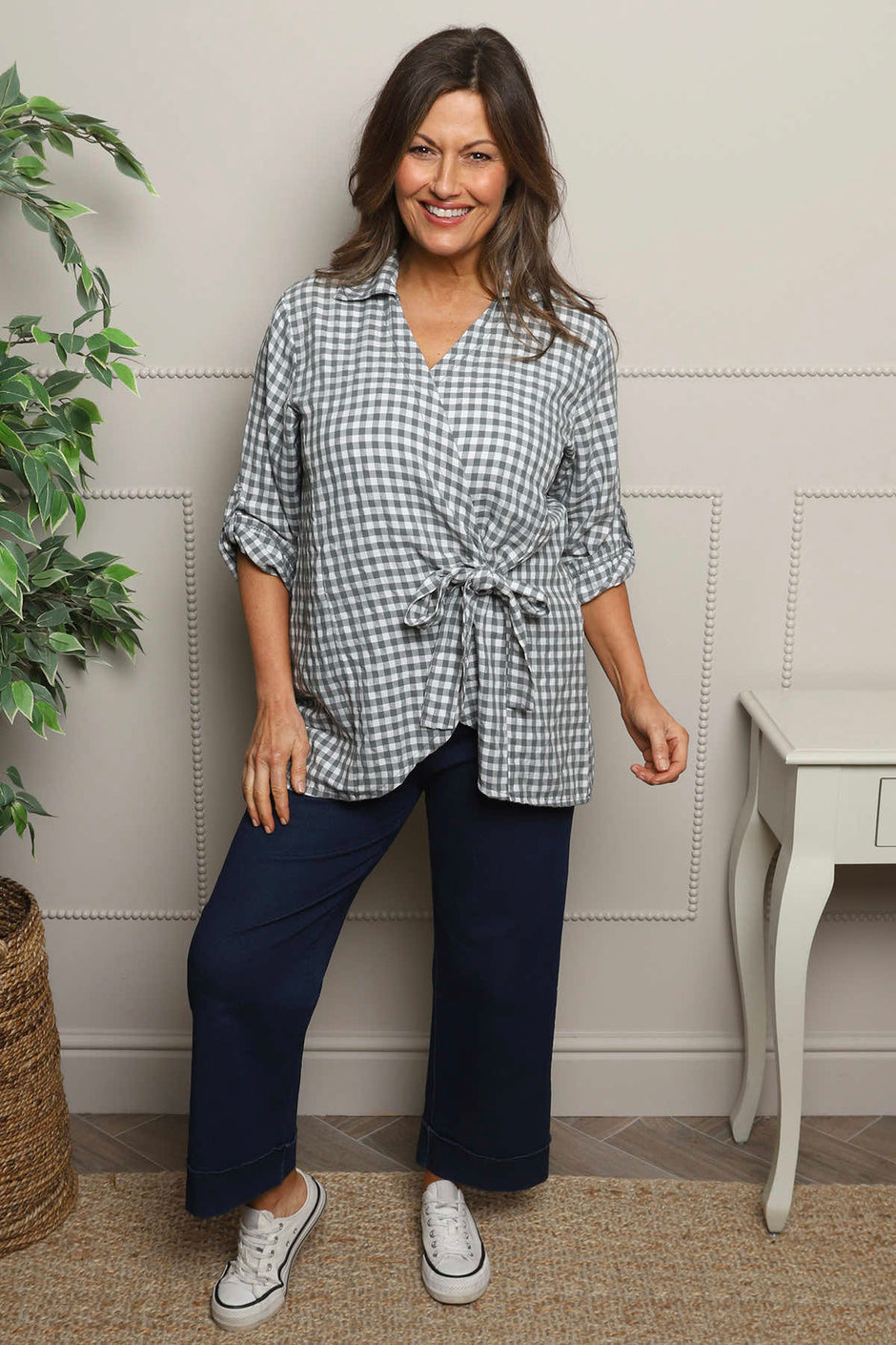 Shyla Gingham Wrap Cotton Top Mid Grey