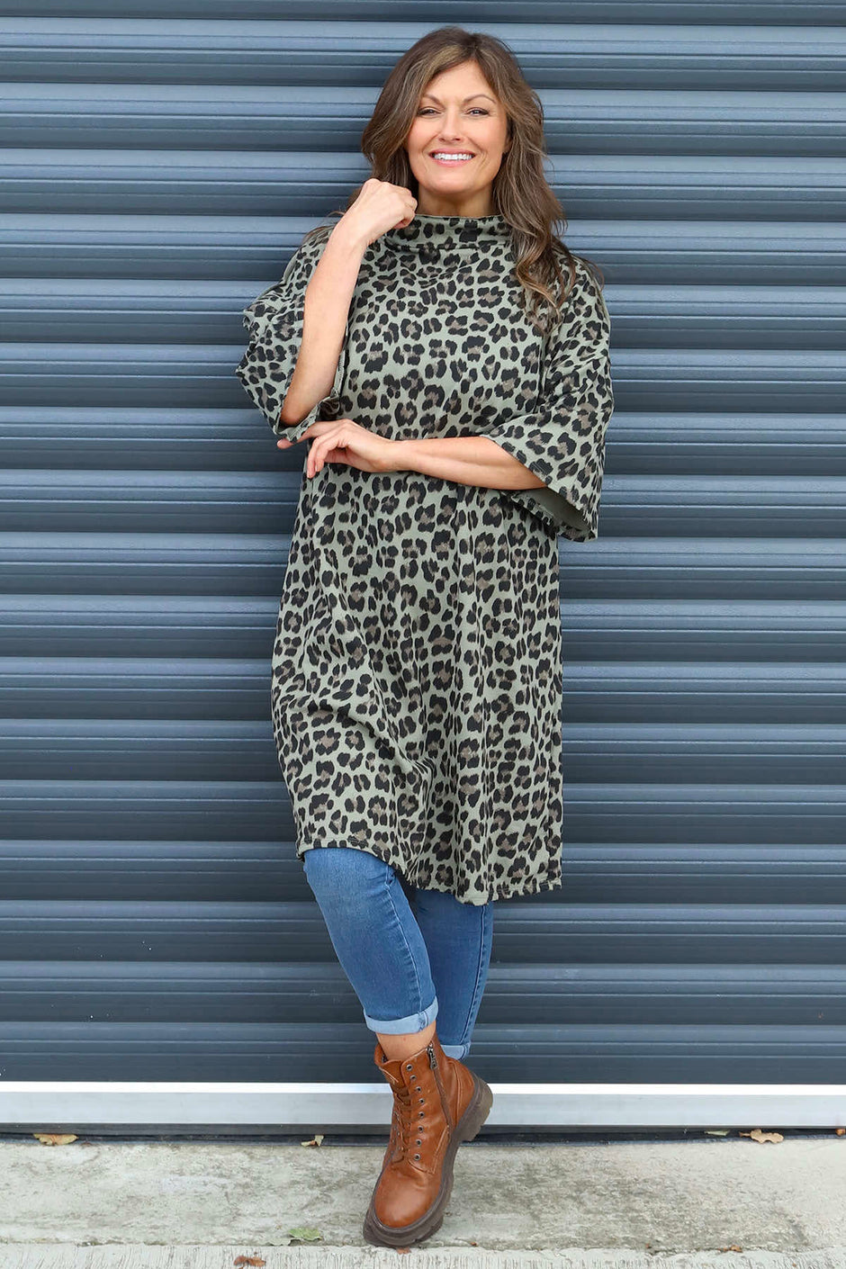 Melodie Leopard Print Cotton Tunic Khaki